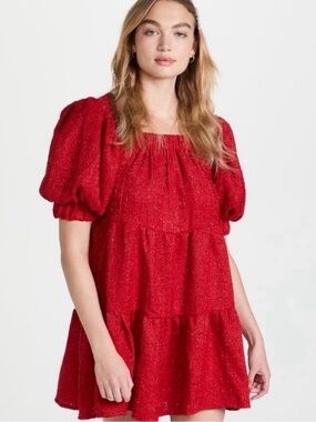 Sister Jane Carina Red Tweed Mini Dress - Puff Sleeve Tiered